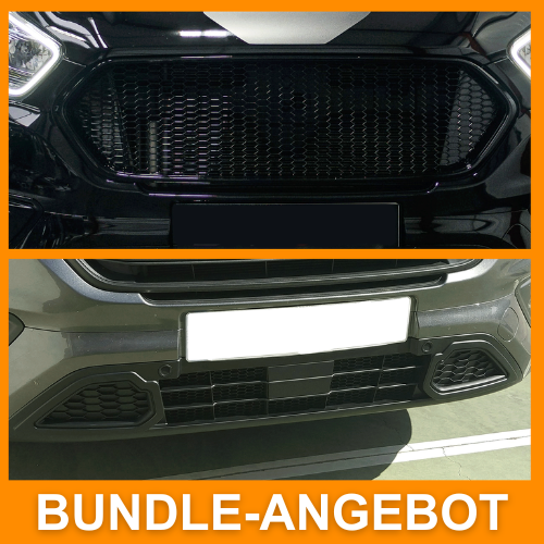 Pour ensemble de grille en nid d'abeille Ford Transit Custom - Haut noir brillant et bas noir mat - Prêt à installer.