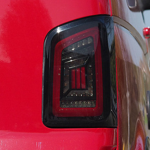 For VW T5, T5.1 Smoked Barn Door LHD Rear Lights Red Bars LED Left Hand Drive Van only MK3