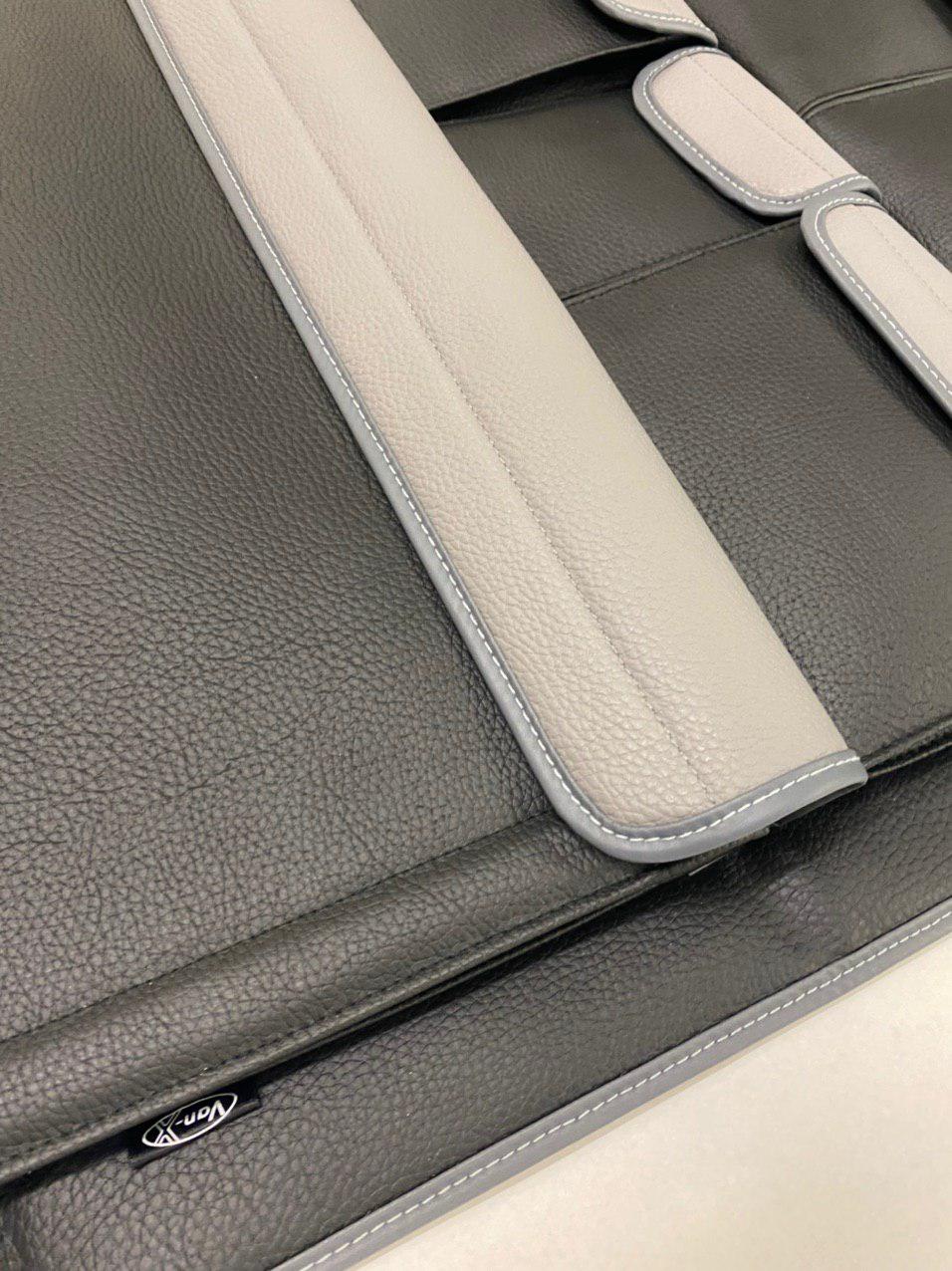 Pour VW T6 / T6.1 Transporter Camping-car Organisateur de siège à double dossier en similicuir (Noir avec couvercles gris)