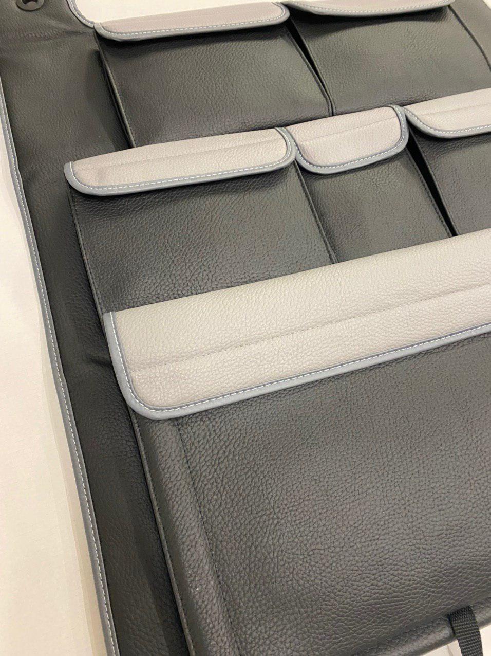 Pour VW T6 / T6.1 Transporter Camping-car Organisateur de siège à double dossier en similicuir (Noir avec couvercles gris)