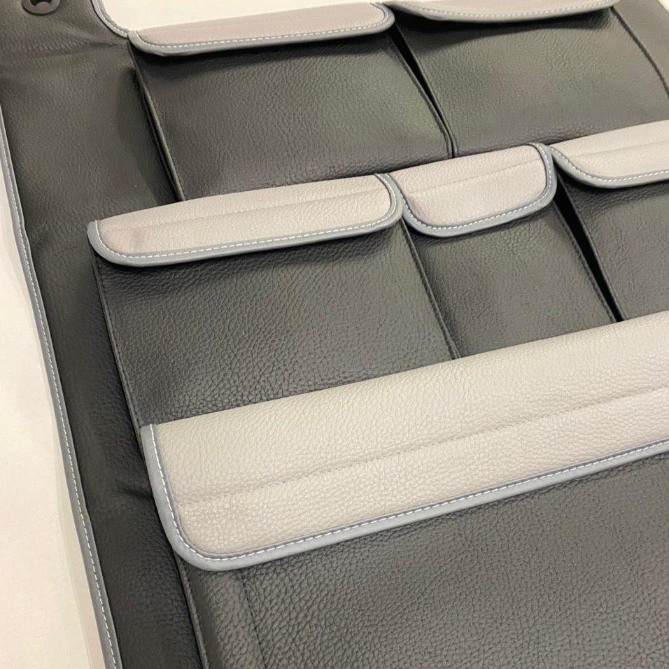 Para VW T6 / T6.1 Transporter Campervan Organizador de doble asiento trasero de cuero sintético (Negro con tapas grises)