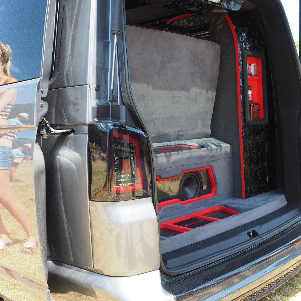 For VW T5, T5.1 Smoked Tailgate LHD Rear Lights Red Bars LED Left Hand Drive Van only MK3