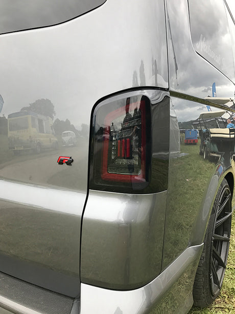 For VW T5, T5.1 Smoked Tailgate LHD Rear Lights Red Bars LED Left Hand Drive Van only MK3