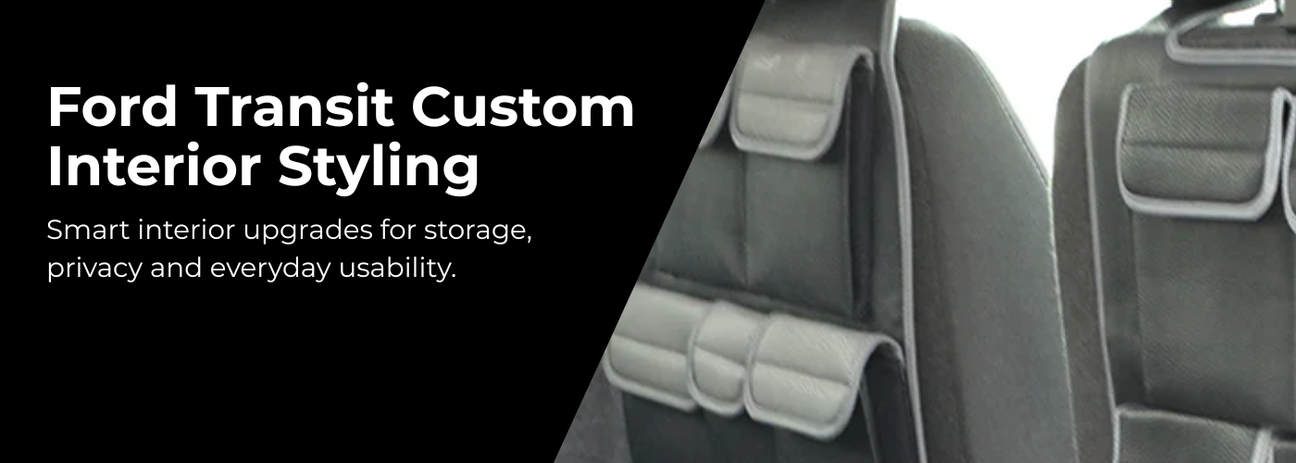 Ford Transit Custom interior with storage solutions and window curtains